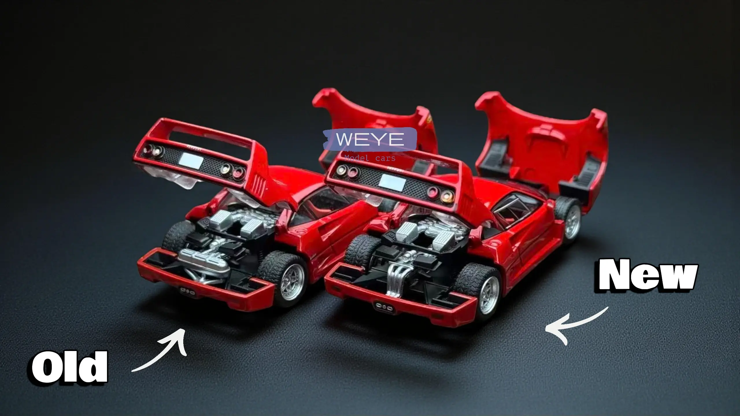 Comparison of Tomica Limited Vintage Ferrari F40 engine bays: 2019 original with silver muffler (Left) vs 2025 Non-Cat spec (Right).