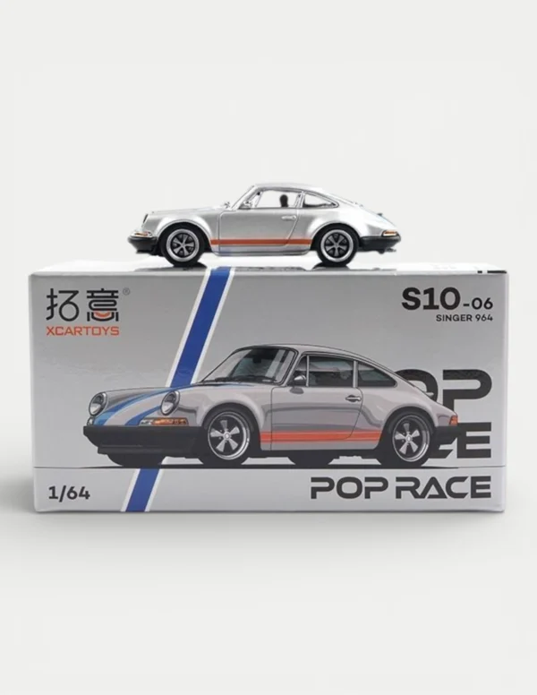 Xcartoys x POP RACE 1:64 Porsche 964 Singer 911 - Silver Metallic with Blue and Red Stripes