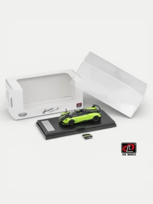 LCD Models 1:64 Pagani Huayra BC Roadster diecast car in Green displayed with open acrylic case and removable roof accessory.