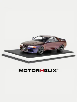 Front angle view of MotorHelix 1:18 Skyline GT-R R32 resin car showcasing the glossy customized purple paint and intercooler detail.