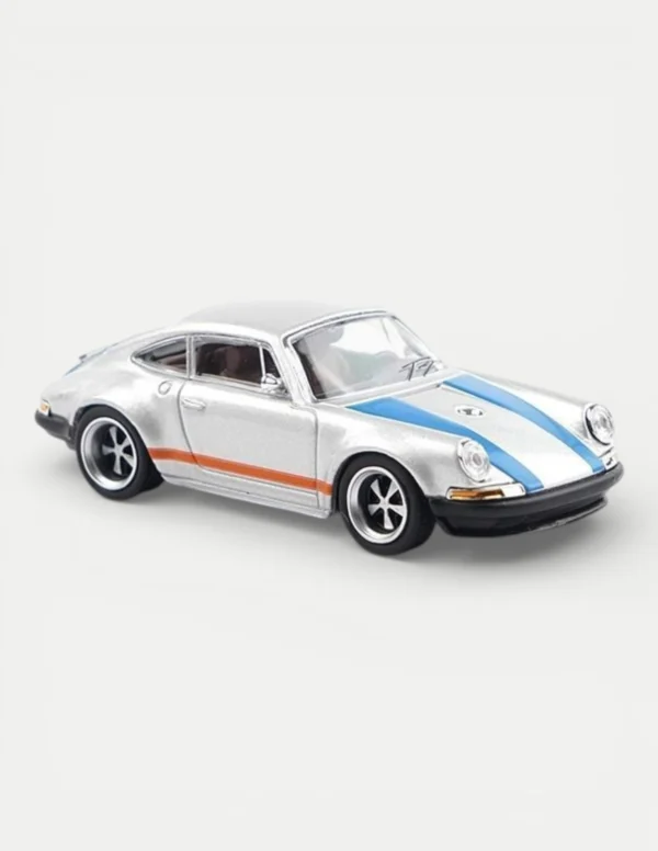 Xcartoys x POP RACE 1:64 Porsche 964 Singer 911 - Silver Metallic with Blue and Red Stripes