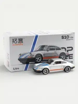 Xcartoys x POP RACE 1:64 Porsche 964 Singer 911 - Silver Metallic with Blue and Red Stripes