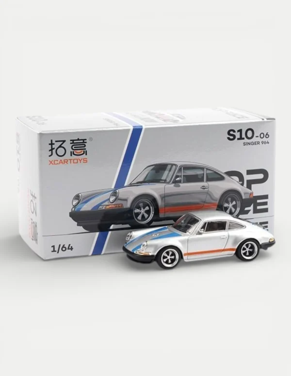 Xcartoys x POP RACE 1:64 Porsche 964 Singer 911 - Silver Metallic with Blue and Red Stripes