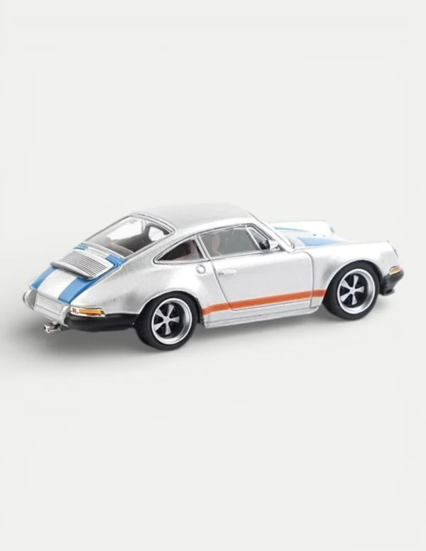 Xcartoys x POP RACE 1:64 Porsche 964 Singer 911 - Silver Metallic with Blue and Red Stripes