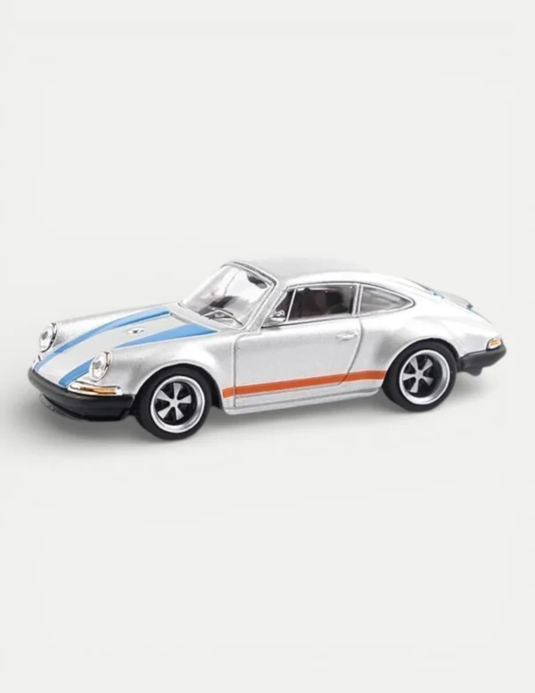Xcartoys x POP RACE 1:64 Porsche 964 Singer 911 - Silver Metallic with Blue and Red Stripes