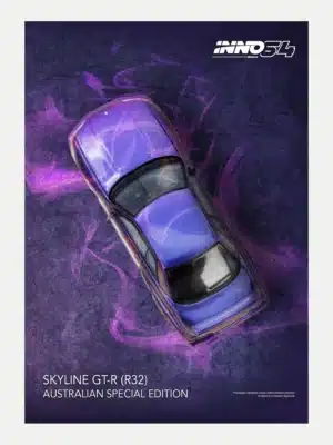 Artistic top view of INNO64 1:64 Skyline GT-R R32 diecast highlighting the metallic Midnight Purple paint application.