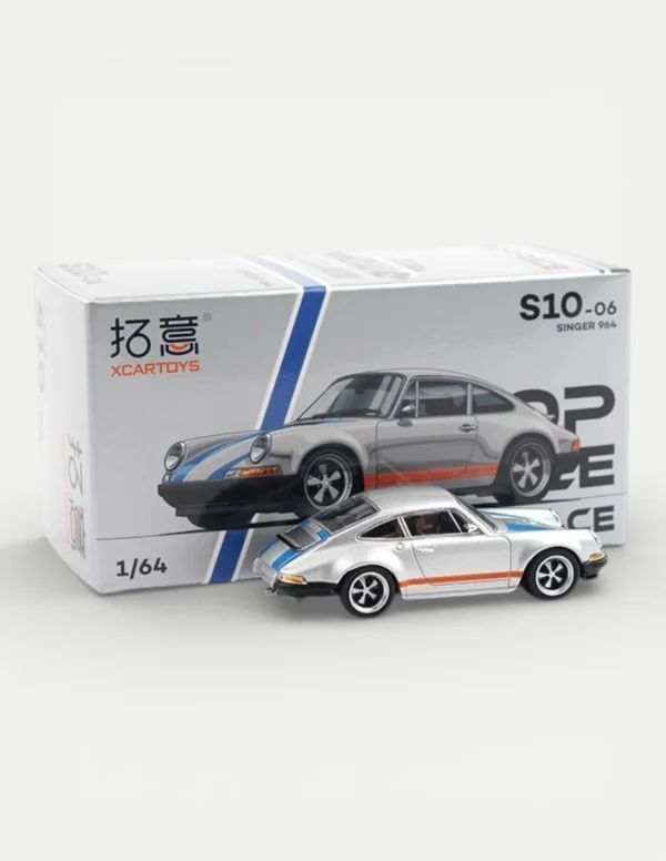Xcartoys x POP RACE 1:64 Porsche 964 Singer 911 - Silver Metallic with Blue and Red Stripes
