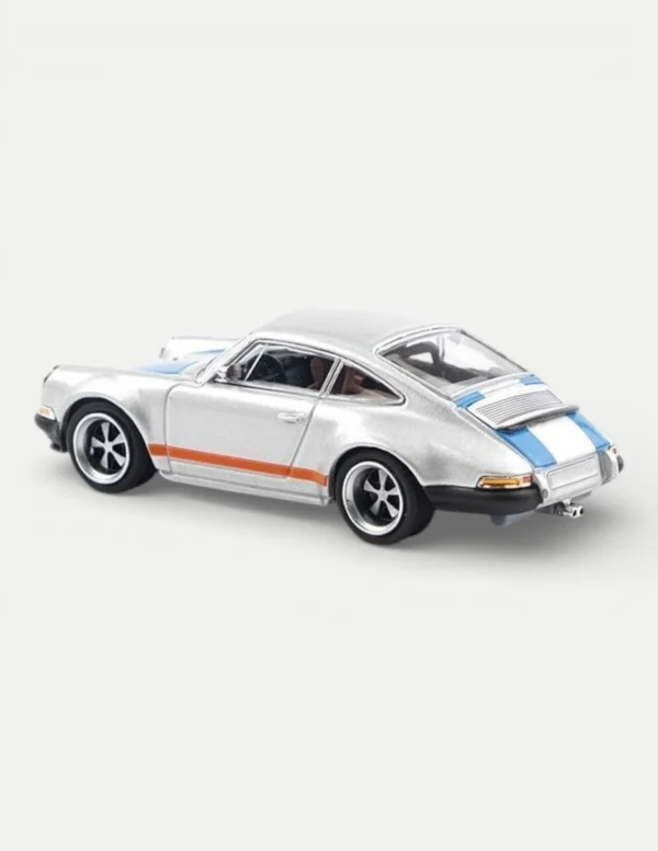 Xcartoys x POP RACE 1:64 Porsche 964 Singer 911 - Silver Metallic with Blue and Red Stripes