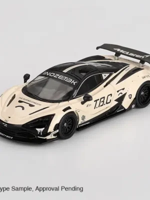 Front view of MINI GT 1:64 McLaren 720S featuring LB★Works widebody fenders and T.B.C decal on the hood.