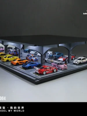 Fully loaded MoreArt Scene 04 diorama displaying a large collection of 1:64 JDM and supercars under bright LED lights.