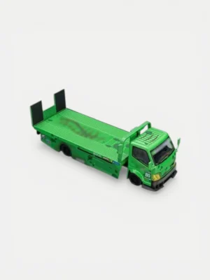 Detailed diamond plate texture on a 1/64 scale flatbed carrier. Features claw marks and green racing livery.