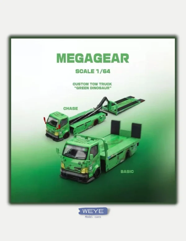 Mega Gear 1:64 Custom Flatbed Tow Truck - Dinosaur Racing Liveries (Green / Pink / Black)