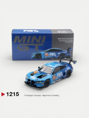 Front view of the MINI GT BMW M4 GT3 EVO diecast with its official box. A rare China Exclusive 1/64 model for collectors.