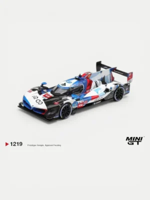 MINI GT 1219 BMW M Hybrid V8 1:64 Le Mans model showing aggressive front aero and authentic #15 WRT livery.