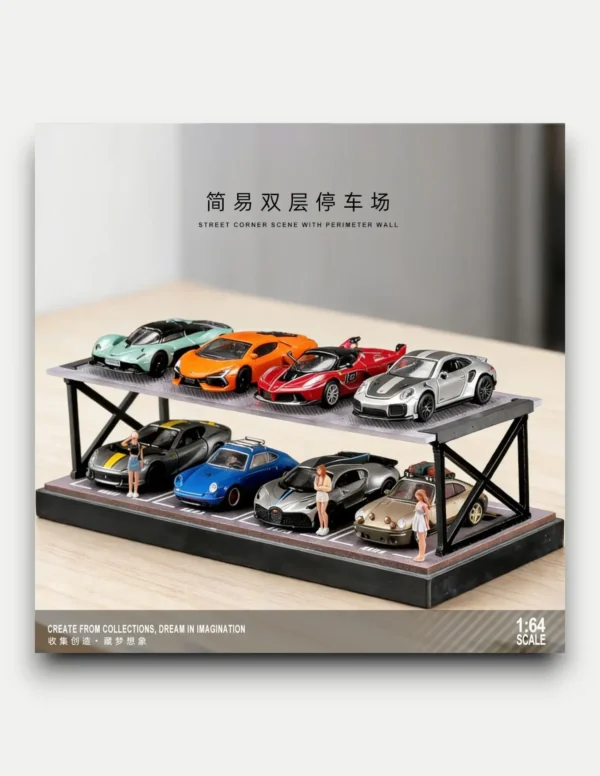 SHOU CANG JIA 1:64 Minimalist Two-Story Parking Garage Diorama Display Case [8-Car Capacity]