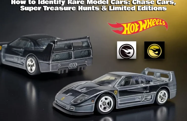 A dark silver Hot Wheels Super Treasure Hunt model car displayed with standard and gold circle flame logos, illustrating how to identify rare diecast cars.