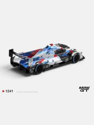 Rear view of the 1:64 scale BMW M Hybrid V8 diecast, highlighting the massive rear diffuser and wing of the GTP prototype.