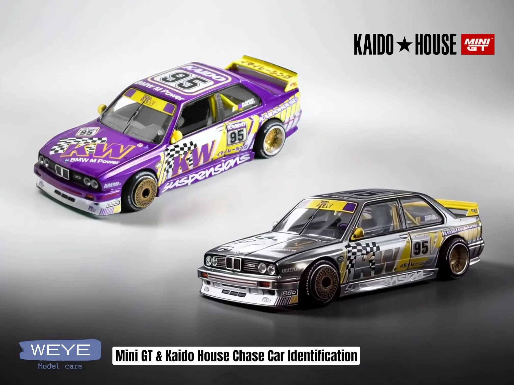 A visual comparison of a standard purple MINI GT x Kaido House BMW M3 E30 Kaido KW V1 and its rare raw metal chase car variant, demonstrating chase identification.