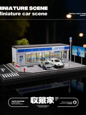 ealistic 1:64 scale miniature car scene featuring a Lawson store with atmospheric lighting for professional toy photography.