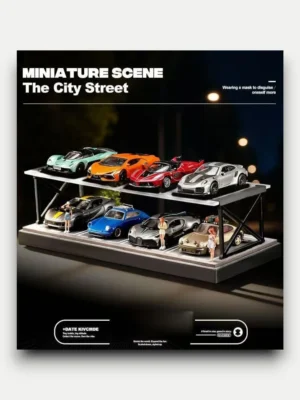 Realistic 1/64 two-story parking garage diorama lit up at night, displaying 1:64 premium sports cars.