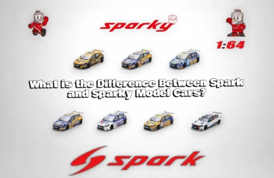 Spark vs Sparky model cars comparison featuring both brand logos and 1/64 scale diecast cars