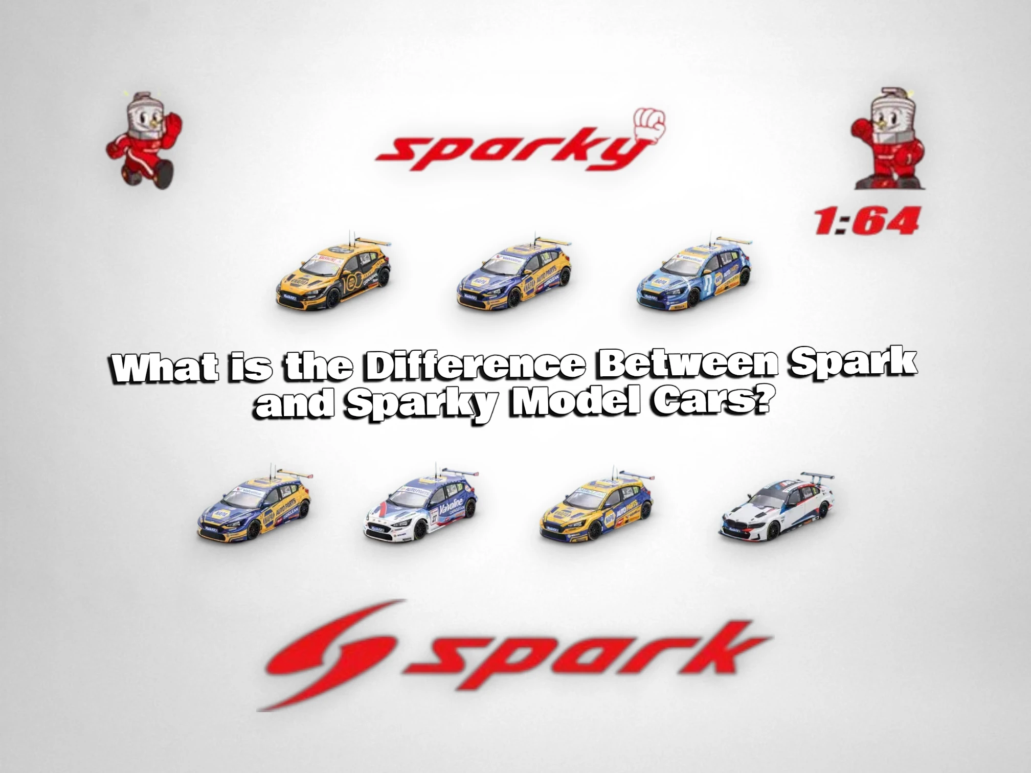 Spark vs Sparky model cars comparison featuring both brand logos and 1/64 scale diecast cars