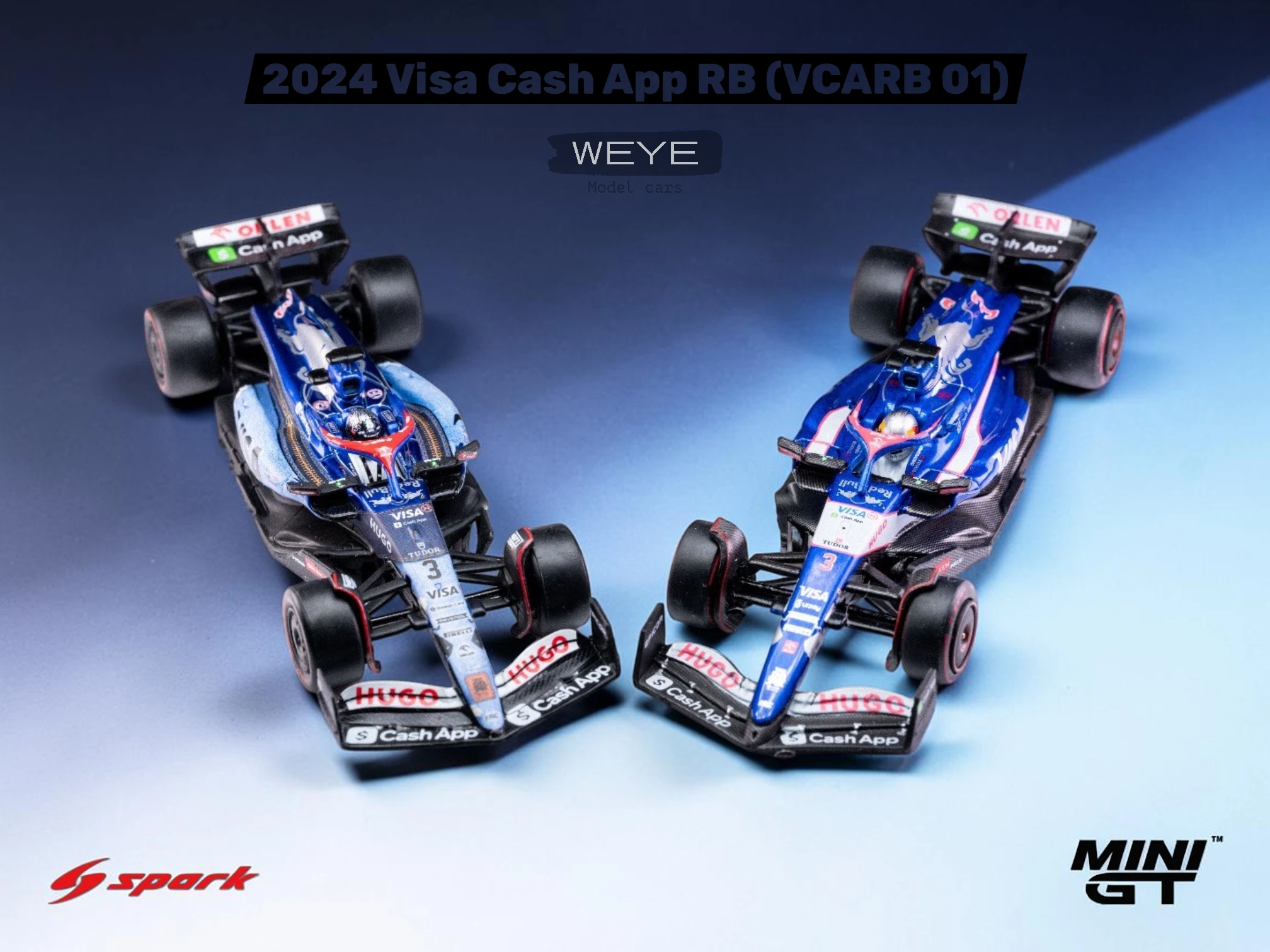 1/64 scale F1 diecast comparison showing the Sparky versus MINI GT VCARB 01 Daniel Ricciardo models