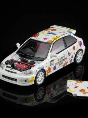 Front-left angle of the 1/64 Honda Civic TYPE R EK9 diecast, showing the classic white paint and colorful decals.