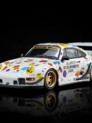 Front view of the 1/64 RWB Porsche 993 model car featuring a white body and iconic widebody fenders.