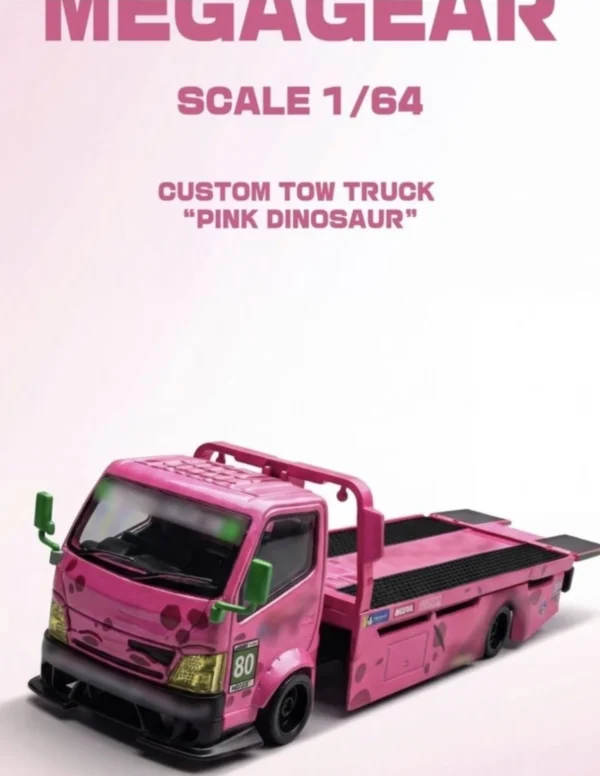 Mega Gear 1:64 Custom Flatbed Tow Truck - Dinosaur Racing Liveries (Green / Pink / Black)