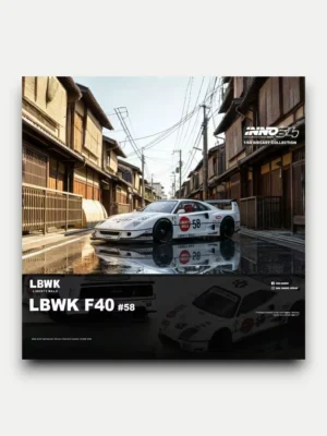 INNO64 LBWK F40 COLLET White #58 1:64 diecast model parked on a detailed street diorama.