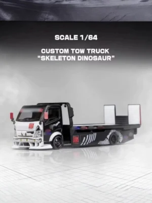 Mega Gear 1/64 custom tow truck in black skeleton dinosaur livery. Shows detailed basic and chase diecast flatbeds.