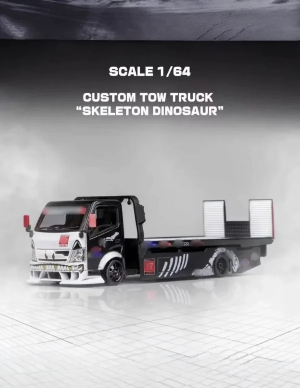 Mega Gear 1:64 Custom Flatbed Tow Truck - Dinosaur Racing Liveries (Green / Pink / Black)