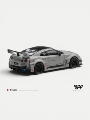 Rear details of the MINI GT 1248 Liberty Walk GTR diecast, highlighting the massive wing and JDM diecast models precision.