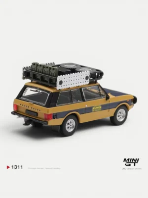 Rear angle of the 1/64 Range Rover Sumatra diecast, highlighting tailgate details and roof-mounted sand boards.