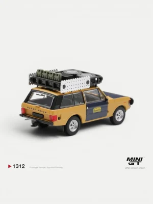 Rear angle of the 1/64 Fischer & Bays Range Rover diecast, showing the classic split tailgate, jerry cans, and sandboards.
