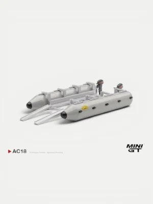 MINI GT AC18 1:64 scale Camel Trophy pontoon raft with extended loading ramps for diecast diorama displays.