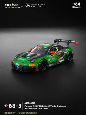 Front view of the Almost Real 1/64 Porsche 911 GT3 R Evo highlighting detailed fender louvers and Barong graphics.