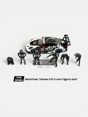 Detailed 1/64 resin mechanic figures featuring skeleton racing suits posed next to a diecast car.