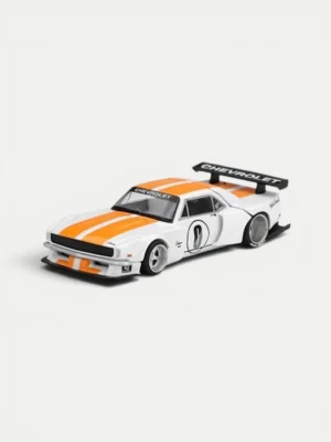 Front profile of the KAIDO HOUSE MINI GT Camaro. This collectible Camaro model features a widebody and aggressive front lip.