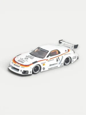 White Liberty Walk RX7 front-side view, displaying the JDM 1:64 model car's racing decals and aggressive fascia.