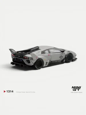 Rear angle of the MINI GT #1314 showcasing the massive GT wing and widebody on the 1/64 MINI GT Fighter Lambo.