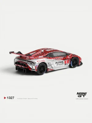 Rear angle of the 1/64 diecast Lamborghini Huracan GT3 EVO2 showing the massive racing wing and detailed rear diffuser.