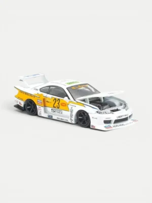 Front angle of the 1/64 Pop Race S15 LBWK diecast with an open hood, displaying detailed SR20 engine components.