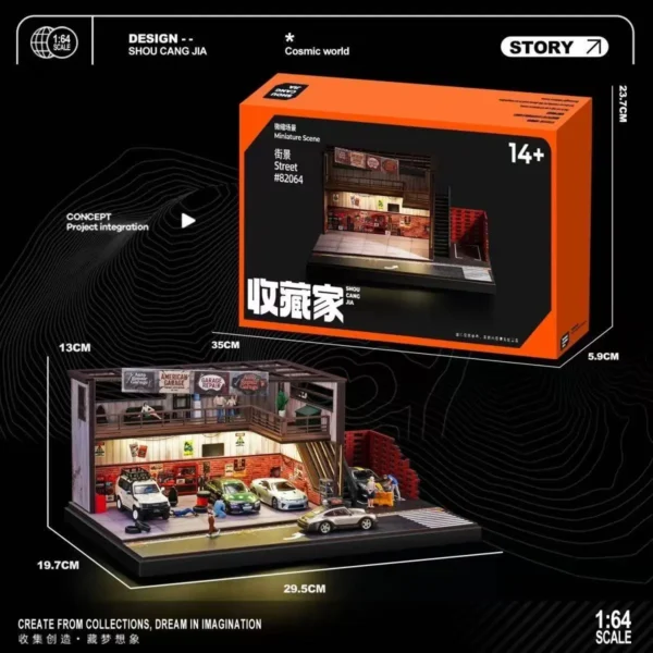 SHOU CANG JIA 1:64 Scale Vintage American Garage Diorama (Double-Deck with LED)
