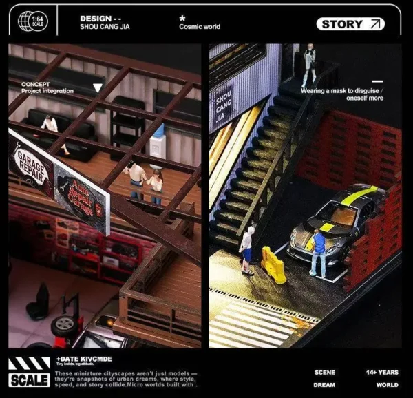 SHOU CANG JIA 1:64 Scale Vintage American Garage Diorama (Double-Deck with LED)