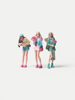 Front view of three 1/64 scale resin figures of casual girls holding pink flower bouquets in vibrant outfits.