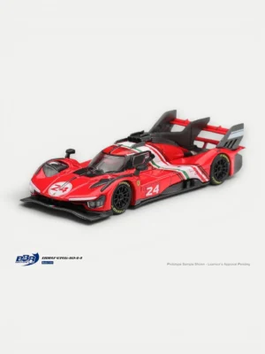 Front angle of the BBR 1/64 Ferrari 499P Modificata, highlighting the aggressive front splitter and Rosso Corsa #24 livery.