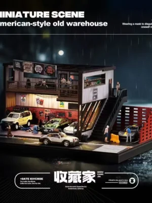 Cinematic shot of the vintage repair shop diorama in a moody, realistic street environment with glowing lights.