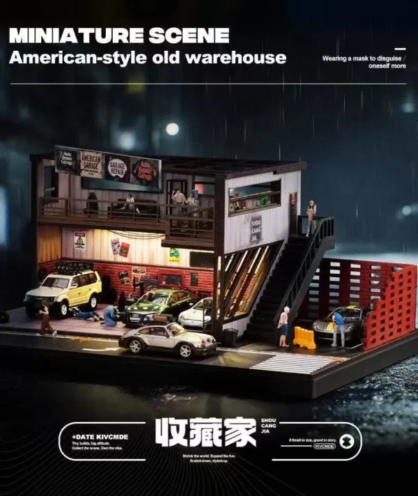 SHOU CANG JIA 1:64 Scale Vintage American Garage Diorama (Double-Deck with LED)